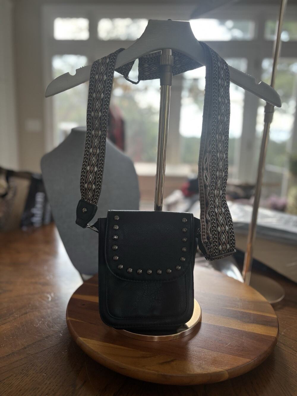 Y2K Black Studded Guitar Strap Small Crossbody Bag Magnetic Close Inner Pockets